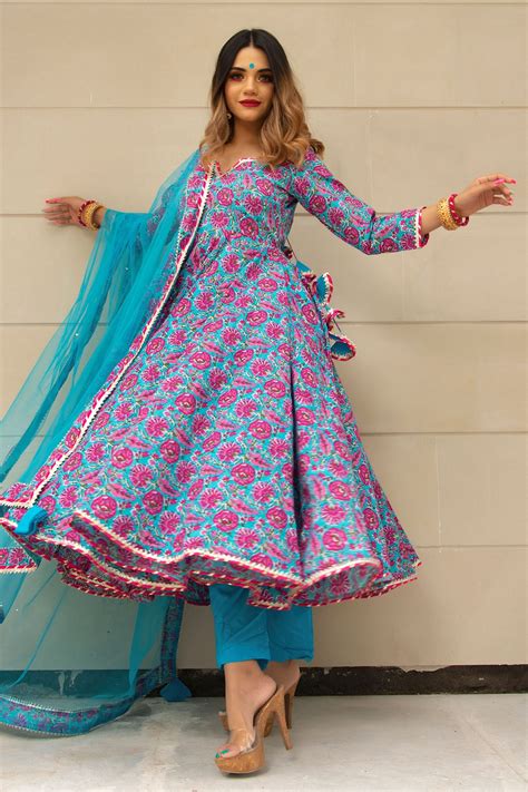 Buy Blue Cotton Print Hand Block Notched Anarkali Set For Women By