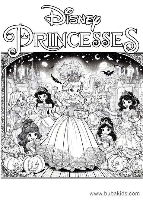 disney princesses halloween trick or treat coloring page | BubaKids.com