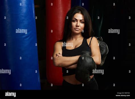 Woman Boxing Concept One Young Woman Stand With Boxing Gloves On Sand