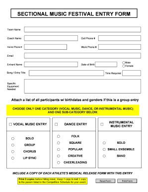 Fillable Online Sook SECTIONAL MUSIC FESTIVAL ENTRY FORM Fax Email