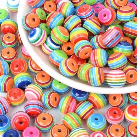 200pcs Round Rainbow Transparent Stripe Resin Beads Colorful Loose