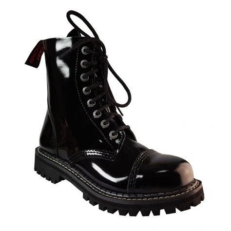 Angry Itch 8 Hole Combat Boots Black Patent Leather Ranger Steel Toe Punk