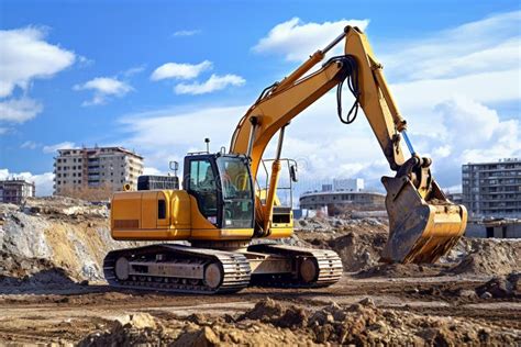 A Large Yellow Excavator Digging At A Construction Site With Urban