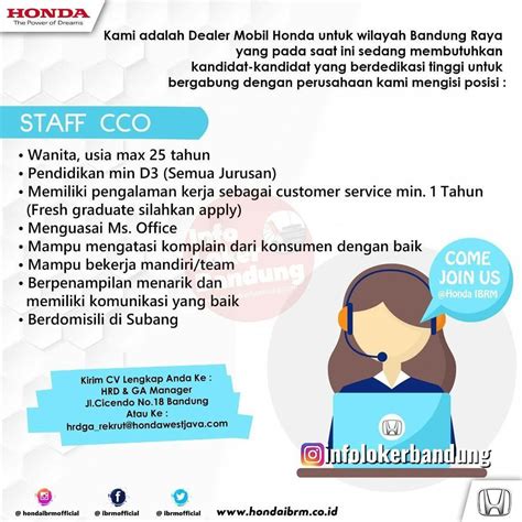 Lowongan Kerja Staff Cco Sales Counter Honda Ibrm Bandung April