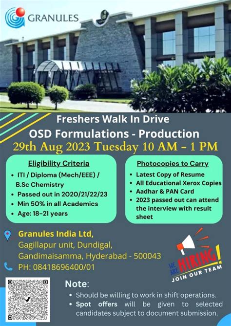 Granules India Ltd Walk In Drive On Th Aug Tuesday For Freshers