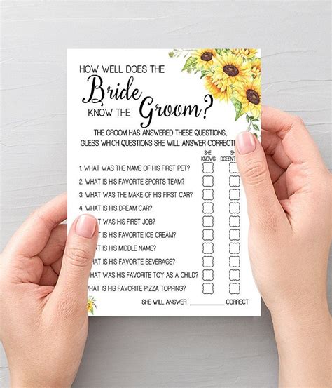 How Well Does The Bride Know The Groom Bridal Shower Game Sunflowers