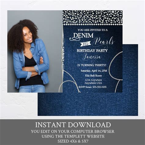 Denim And Pearls Birthday Party Invitation Elegant Women Invitation