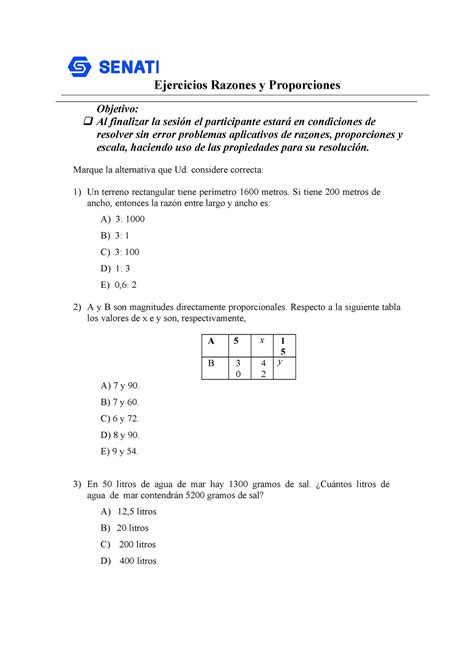 Ejer Aplic Razns Proporc Ejercicios Razones Y Proporciones Objetivo