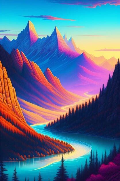 Premium AI Image | A colorful painting of a river in the mountains.