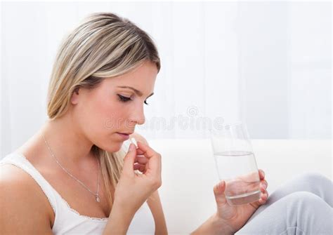 Woman With Headache Hand Take Pill Medicine Tablet Stock Image Image