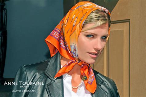 Anne Touraine Orange Head Scarf Tied Under Chin Silk Scarf Style