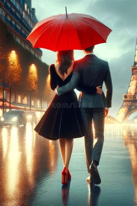 Couple Walking Romantic Stroll Rainy Evening Promenade Red Umbrella Ai