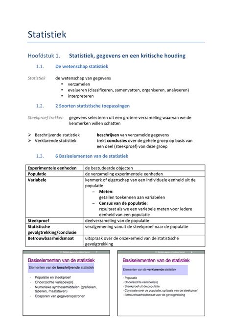 Samenvatting Statistiek Statistiek Hoofdstuk 1 Statistiek Gegevens