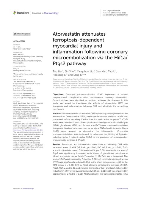 Pdf Atorvastatin Attenuates Ferroptosis Dependent Myocardial Injury