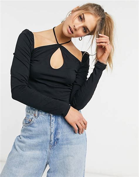 Asos Design Halter Detail Long Sleeve Top In Black Asos