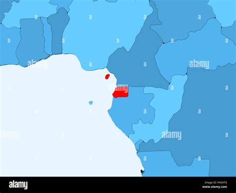 Equatorial Guinea In Red On Blue Political Map With Transparent Oceans