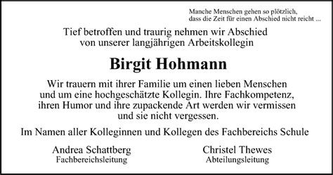 Traueranzeigen Von Birgit Hohmann Trauer In Nrw De