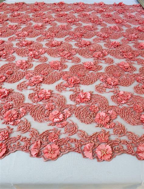 Coral Floral Beaded Embroidered Lace Mesh Fabric