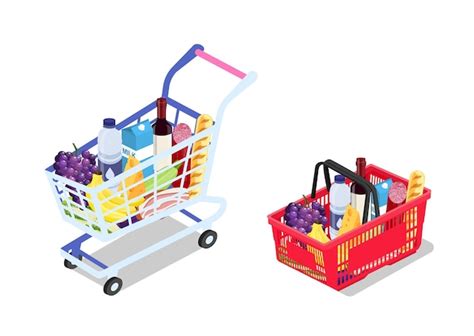 Premium Vector Isometric Grocery Cart And Basket