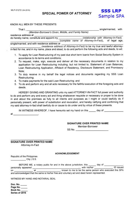 Special Power Of Attorney Sample Form Spa For Sss Loan Restructuring