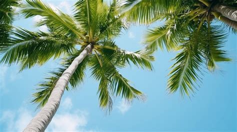 Tropical Paradise Vibrant Green Coconut Palm Trees Against A Serene Sky