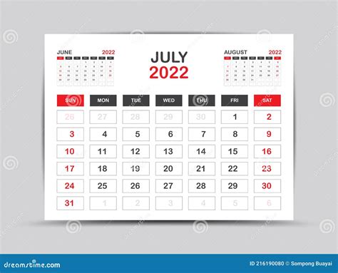 Calendar 2022 Template Minimal Style July Month Artwork Desk Calendar