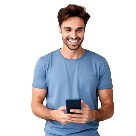 Handsome Business Man In Blue T Shirt Woth Mobile Phone Isolated