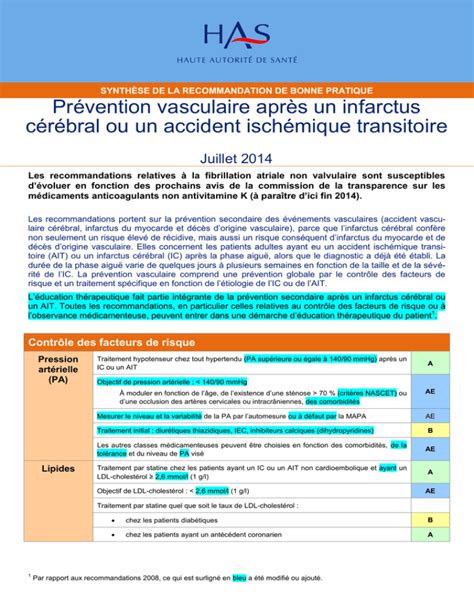 Pr Vention Vasculaire Apr S Un Infarctus C R Bral Ou Un