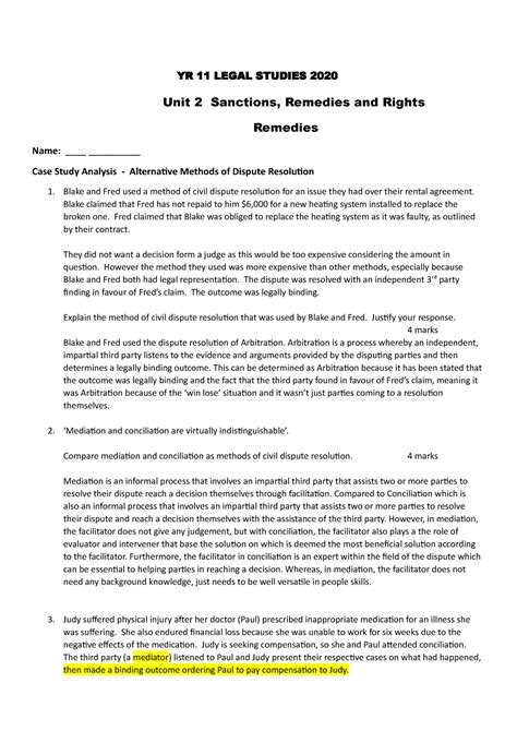 Cae Study Analysis Methods Of Dispute Resolution Yr 11 Legal