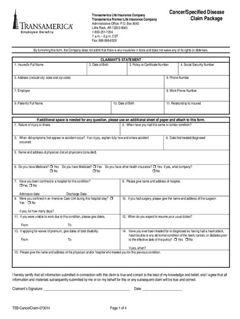 Fillable Online Transamerica Cancer Claim Form Pdf Fax Email Print