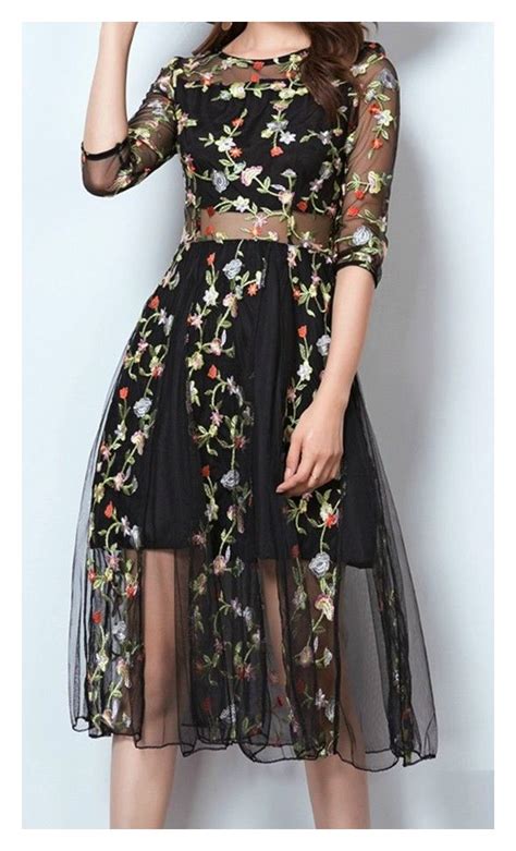 Multi Color Floral Embroidery Black Sheer Half Sleeve Sheer Midriff