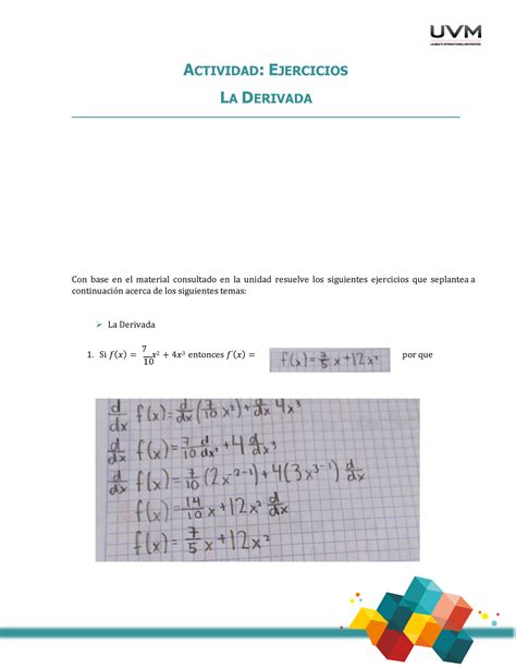 A Ssgh Actividad De Calculo Actividad Ejercicios La Derivada