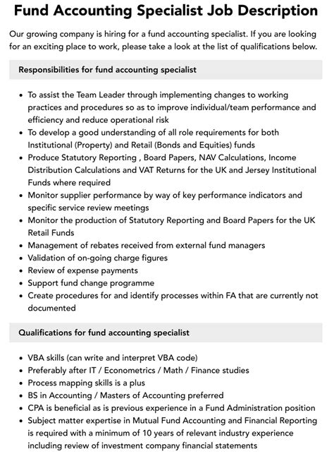 Fund Accounting Specialist Job Description Velvet Jobs