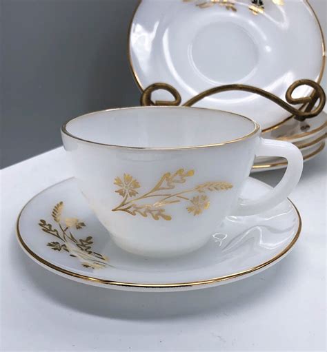 Federal Milk Glass Tea Cup Saucer Set Of 5 Gold Floral Design Etsy