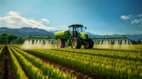 Premium Ai Image Tractor Spraying Pesticides On Green Field With