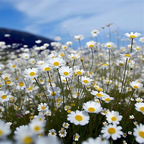 Premium Photo Chamomile Field On The Background Of Mountains And Blue Sky