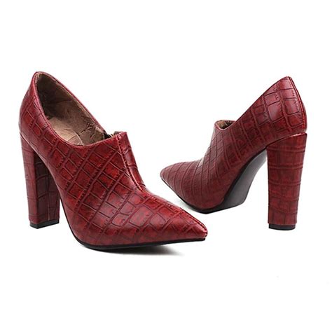 Emma Jones Pointed Toe Chunky Heels Crocodile Texture Side Zipper Pumps Red In Sexy Boots 7452