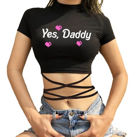 YES DADDY Summer Women Black Hot Short T Shirts Sexy Crop Tops Short