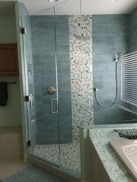 Sliced Sea Green And White Pebble Tile Bathroom Flooring Diy