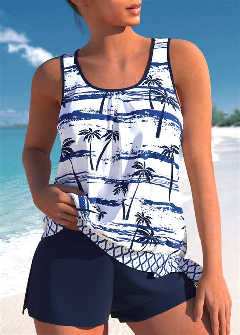 Patchwork Mid Waisted Tropical Plants Print Tankini Set Modlily