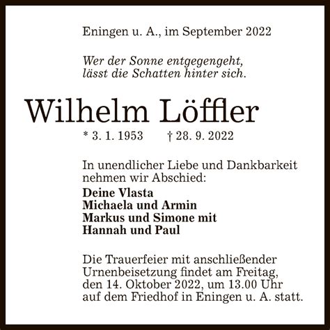 Traueranzeigen von Wilhelm Löffler trauer gea de