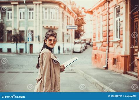Cute Brunette Girl On The Way To University On Her First Day Abroad Stock Image Image Of