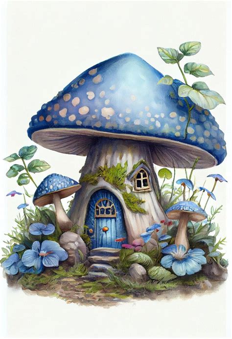 A Painting Of A Mushroom House With Blue Flowers