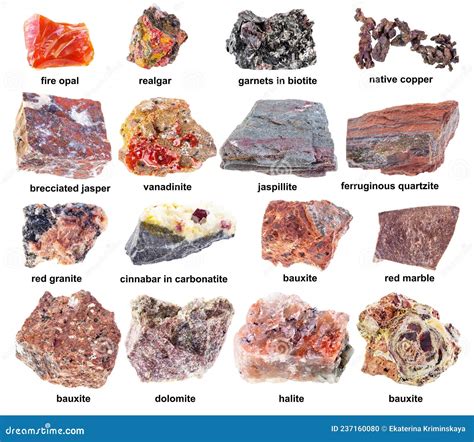 Conjunto De Varias Piedras Rojas Sin Pulir Con Nombres Foto De Archivo