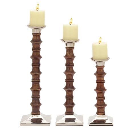 Litton Lane Brown Mango Wood Traditional Candle Holder Set Of 3 51581