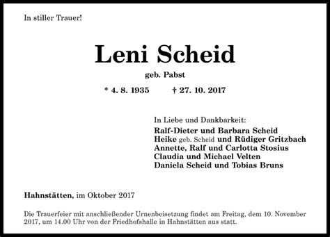 Traueranzeigen Von Leni Scheid Rz Trauer De