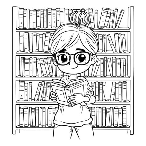 Girl reading a book in library black and white vector illustration graphic design | Premium AI ...