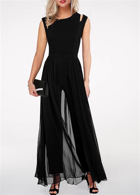 Black High Waist Round Neck Chiffon Overlay Jumpsuit Rosewe Usd