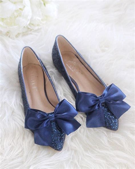 Navy Blue Rock Glitter Pointy Toe Flats With Oversized Satin Bow Fall