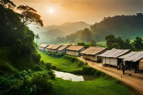 Premium Ai Image A Village With Huts In The Jungle